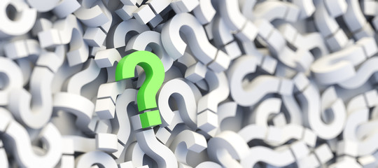Green question mark on a background of white signs. 3D Rendering