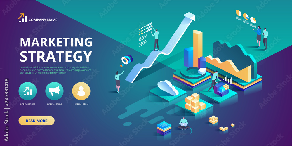 Poster isometric design concept of marketing strategy for website and mobile website