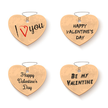 Fototapeta Cardboard hearts collection with romantic and congratulatory inscriptions for Valentines Day. Valentines Day lettering. Love hearts set. Vector Illustration
