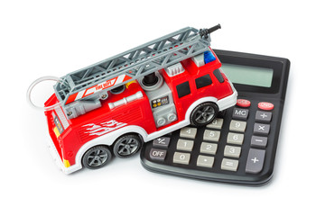 Calculator and toy fire truck