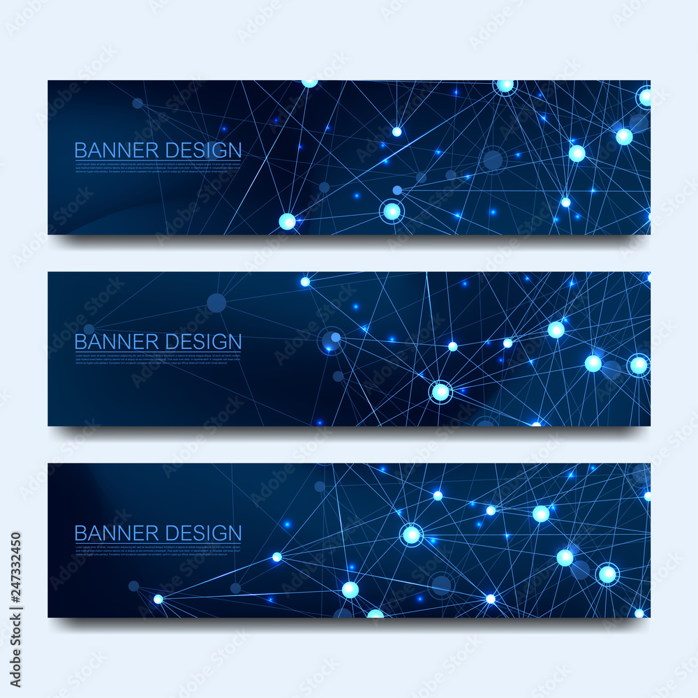 Aufkleber Abstract molecules banners set with lines, dots, circles, polygons. Vector design network communication background. Futuristic digital science technology concept for web banner template or brochure.