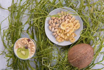 Healthy Organic Breakfast - Yogurt, Coconut, Pistachios and Dried Bananas