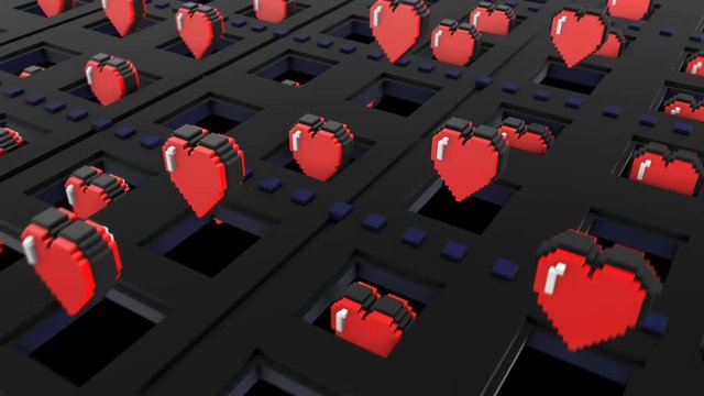 8 bits pixel bouncing hearts animation. Retro arcade video game Valentine&acute;s Day background.