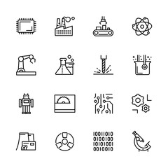 Simple icon set scientific industry, production and manufacturing. Contains such symbols plant, factory, chemistry, physics, medicine, biology, research, digital technologies and laboratory equipment.