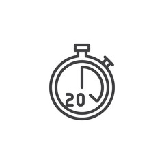 Stopwatch with 20 minutes delivery time vector icon. filled flat sign for mobile concept and web design. Twenty minutes food delivery simple solid icon. Symbol, logo illustration. Pixel perfect