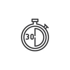 Stopwatch with 30 minutes delivery time vector icon. filled flat sign for mobile concept and web design. Thirty minutes food delivery simple solid icon. Symbol, logo illustration. Pixel perfect