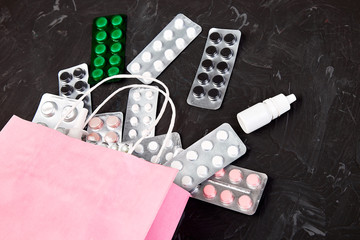 Shopping bag assorted medicine pills and blister