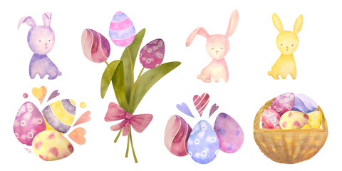 Watercolor drawn set with elements of happy easter. Rabbit, eggs, all isolated on white. for invitation, greeting cards