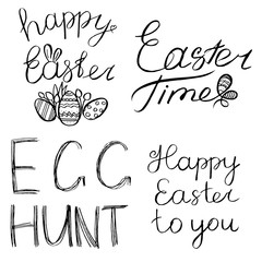 Watercolor drawn set with elements of happy easter. Hand drawn lettering, rabbit, eggs. Ideal for greeting card or logo