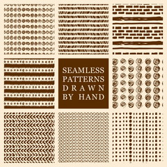 Vector set of hand drawn seamless pattern made with ink. Freehand textures for fabric, polygraphy, web design.