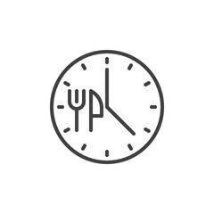 Dinner time clock line icon. linear style sign for mobile concept and web design. Clock with fork and knife outline vector icon. Symbol, logo illustration. Pixel perfect vector graphics