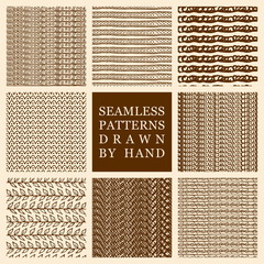 Vector set of hand drawn seamless pattern made with ink. Freehand textures for fabric, polygraphy, web design.