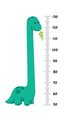 Vector height wall chart decorated with cartoon dinosaur - brontosaurus, or diplodocus with tall neck and numbers. Illustration in flat style for children growth measure, gift for baby birth, shower