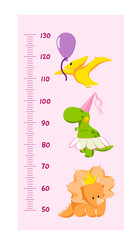 Vector height wall chart for girls decorated with cartoon dinosaurs - triceratops, tyrannosaurus, pterodactylus, stegosaurus - and numbers. Illustration in flat style for children growth measurement
