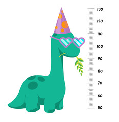Vector height wall chart decorated with cartoon dinosaur - brontosaurus or diplodocus in party hat and funny glasses - and scale. Illustration in flat style for children growth measurement © Anna