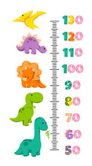 Vector height wall chart decorated with cartoon dinosaurs - brontosaurus, triceratops, tyrannosaurus, pterodactylus, stegosaurus - and numbers. Illustration in flat style for children growth measure