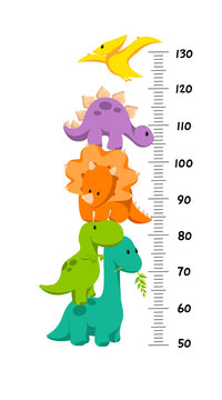 Vector height wall chart decorated with cartoon dinosaurs - brontosaurus, triceratops, tyrannosaurus, pterodactylus, stegosaurus - and numbers. Illustration in flat style for children growth measure