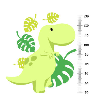 Vector height wall chart decorated with cartoon dinosaur - tyrannosaurus or t-rex - leaves and numbers. Illustration in flat style for children growth measurement, a gift for baby birth or baby shower