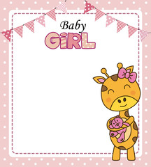 Baby girl shower card. Cute giraffe with teddy. Space for text