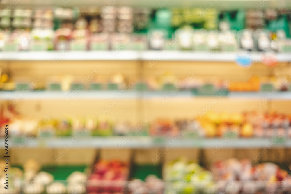 Poster blur background of fresh food in supermarket shelf with bokeh light.grocery product on shelves.