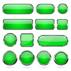 Green glass buttons with metal frame. Collection of 3d icons