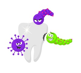 Bacterias and viruses around tooth. Stomatology. Dental medicine. Hygiene medical concept. Raster illustration on white background