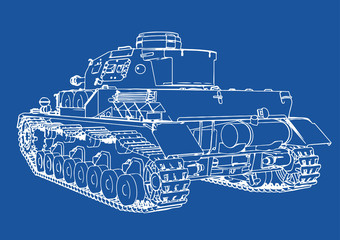 drawing of old military equipment tank on a blue background vector