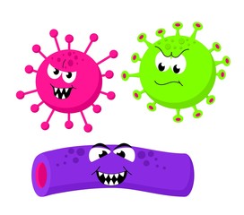 Set of angry funny bacterias, germs in cartoon style isolated on white background. Funny cartoon character. Bad microbes. Raster