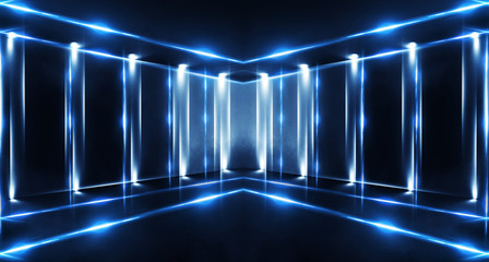 background of empty room, lamps, neon light, smoke, fog. Product showcase spotlight background. Clean photographer studio. Abstract blue background with rays of neon light, spotlight, reflection   