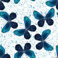 Obraz na płótnie Canvas Seamless pattern with blue watercolor butterflies on texture background.