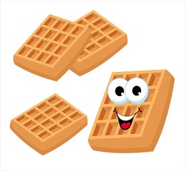 Belgian waffles or viennese waffles. Cute cartoon fast food sweet dessert Raster character set isolated on white background