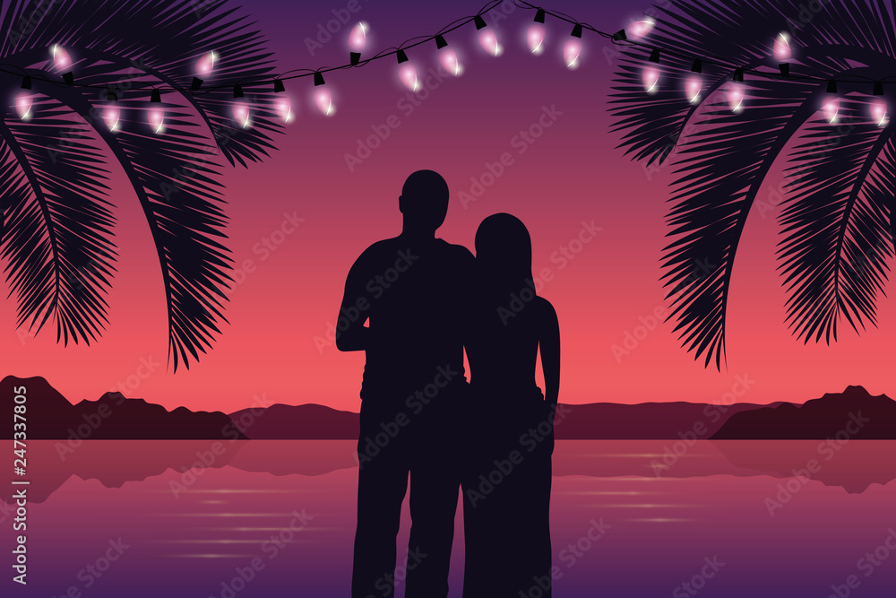 Wall mural couple in love on purple paradise palm beach with fairy lights vector illustration EPS10