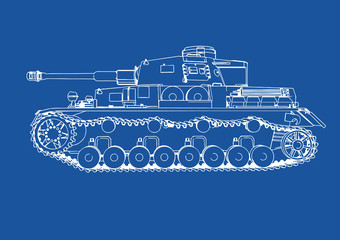 drawing of old military equipment tank on a blue background vector