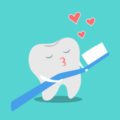 Tooth in love with toothbrush. Funny dental