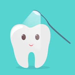 Tooth treating with dental mirror. Idea of oral care