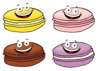 Cake macaron or macaroon Raster Illustration set, colorful almond cookies, pastel colors. Funny cartoon character illustration.