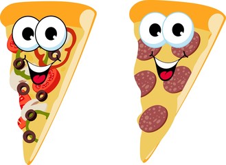 Slice of fresh italian classic original Pepperoni Pizza and mushroom pizza isolated on white background. Funny cartoon character.