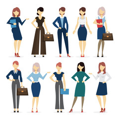Businesswoman in various suit set. Collection of female