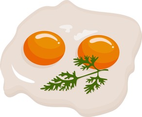 Two fried eggs in a frying pan cooked for breakfast. Delicious international meal. Homemade food, top view. Raster illustration on white background