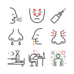 Sinusitis. Symptoms, Treatment. Line icons set. Vector signs for web graphics