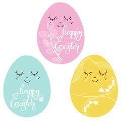 Festive multicolored Easter eggs,pussy willow and lilies of the valley. Easter background. Vector cartoon illustration on a white background.