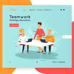 Site template, Teamwork, brainstorming, conference, concept discussion, meeting. Web page design. Website and mobile development. Flat vector illustration in cartoon style.