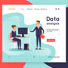 Landing page. Website Template. Teamwork. Business workflow management. Office life, business, programmer. Data analysis. Brainstorming, meeting. Flat design vector illustration