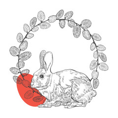 Easter background with rabbit, Pussy Willow wreath and festive Easter egg. Vector illustration on a white background. Perfect as a greeting card, invitation or element for design.