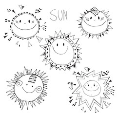 The sun. Five cartoon vector character on a white background. Isolated hand-drawn elements for design. Ink sketch.