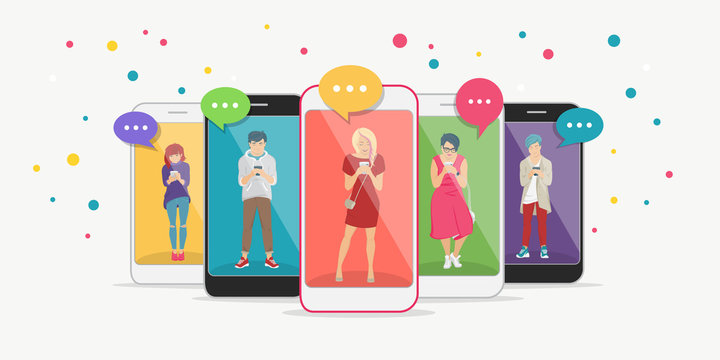 Smart phone addiction concept flat vector illustration of teenagers inside the mobile smartphones with chat speech bubbles texting, leaving comment and sharing memes. Young people addicted to internet
