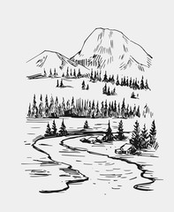 Wild natural landscape with lake, rocks, trees. Hand drawn illustration converted to vector.
