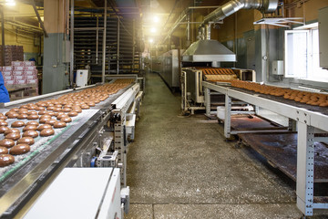 Industrial baking food factory interior with conveyor line or belt. Bakery workshop, cake and cookie production process
