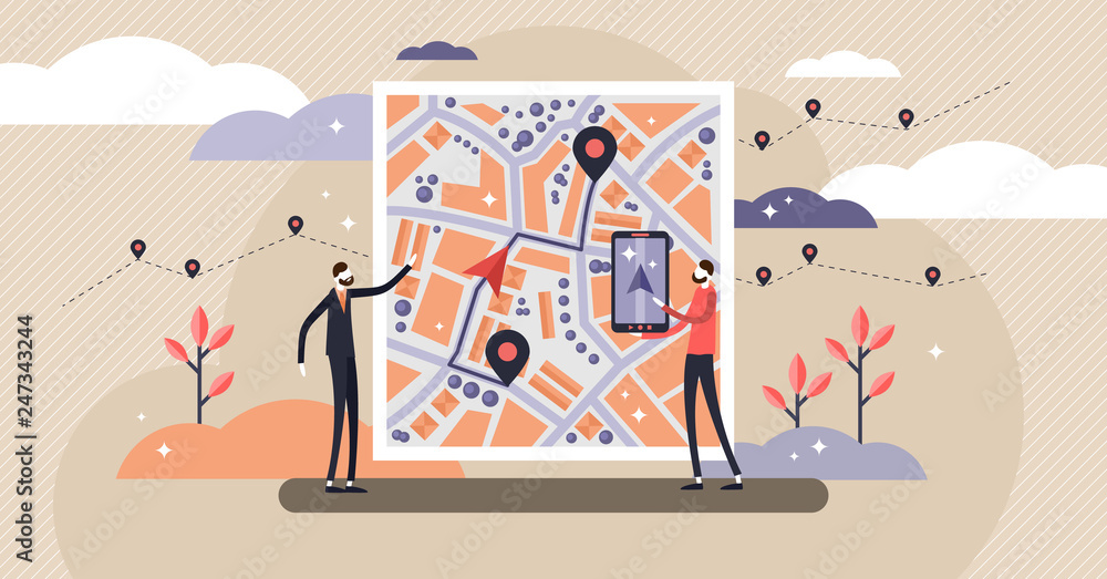 Poster gps navigation vector illustration. tiny persons concept with map location.