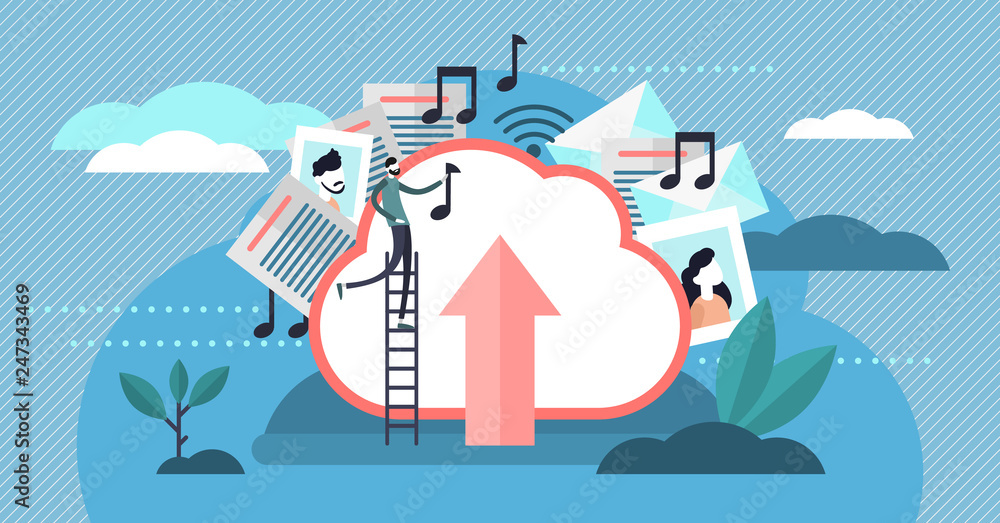 Poster cloud storage vector illustration. flat tiny person uploading files concept